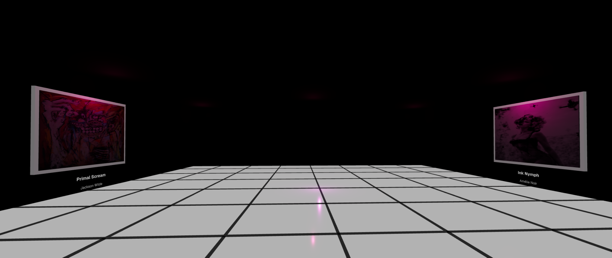 Refined virtual gallery with elegant white grid floor and floating artworks