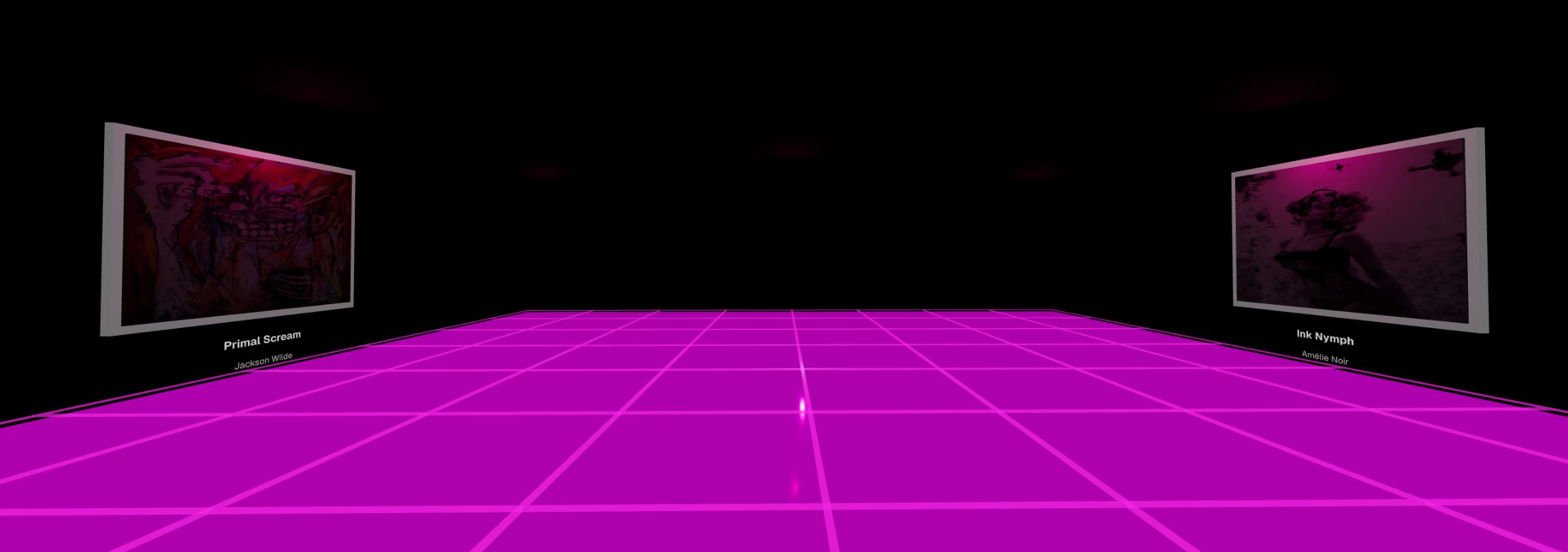 Virtual gallery space with blacklight aesthetic